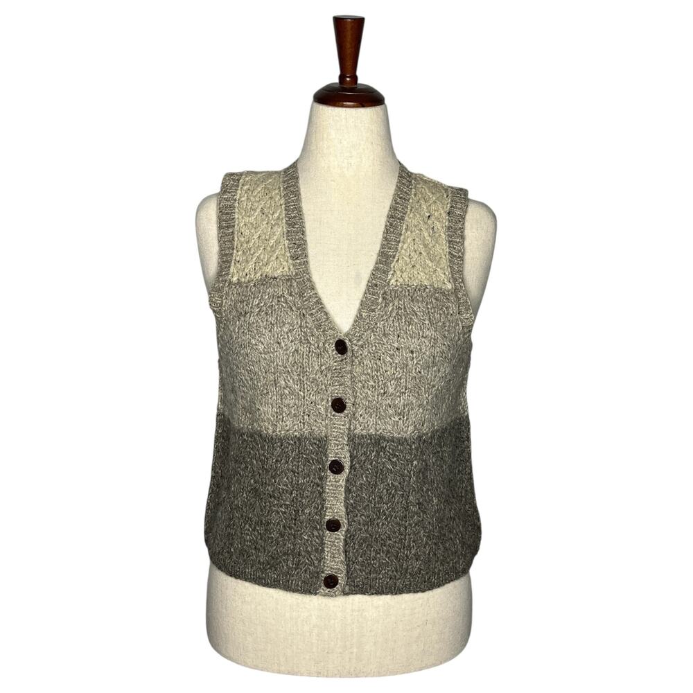 J Crew Sweater Vest Womens M Gray Colorblock Shetland Wool Button Up Cable Knit